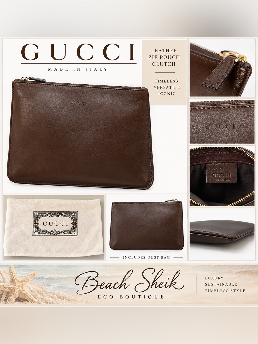 GUCCI Brown Leather Zip Pouch Clutch